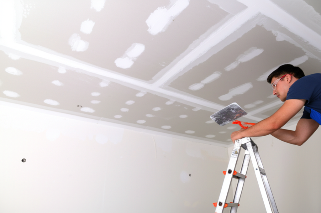 Professional worker repairing damaged ceiling on ladder