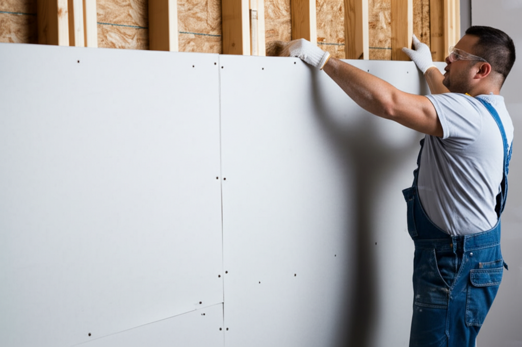 Professional installing new drywall