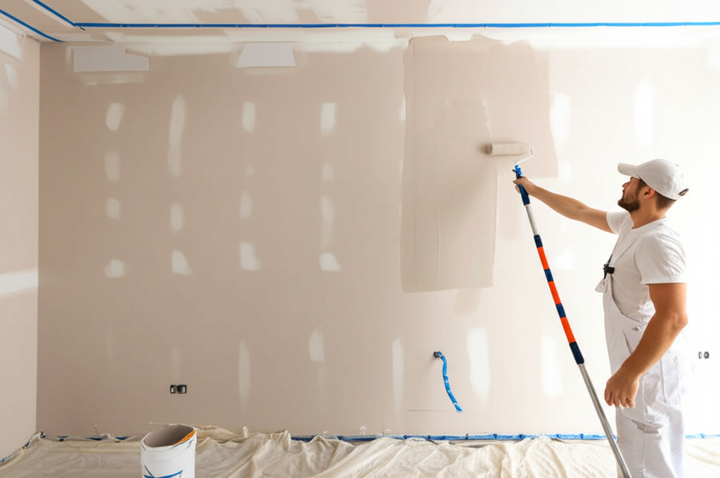 Professional painter applying paint to finished drywall