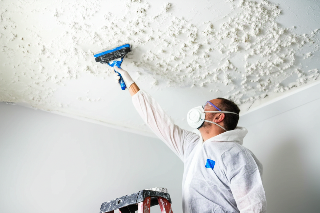 Professional worker removing popcorn ceiling on ladder