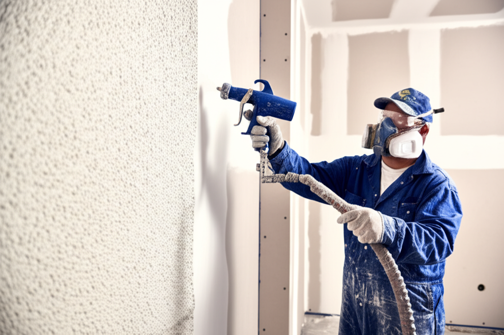 Professional worker applying texture to wall with spray equipment
